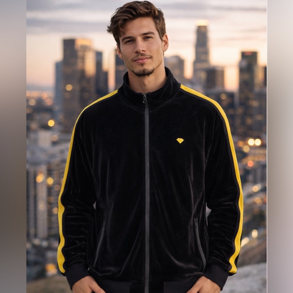 Diamond Supply Co Velour Track Jacket Black Yellow Stripe Streetwear Mens M Y2K